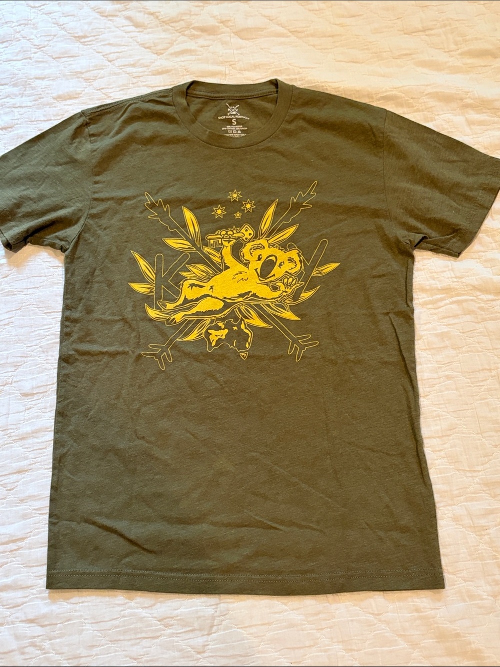 KY Olive Green Graphic Tee with Yellow Koala Design